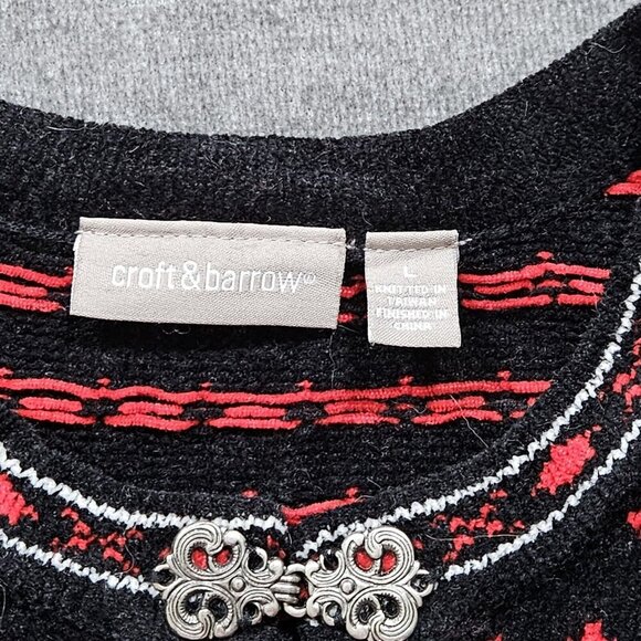 Croft & Barrow Cardigan Women L Black Red White Geo Christams Boho Soft Chenille - Picture 3 of 13